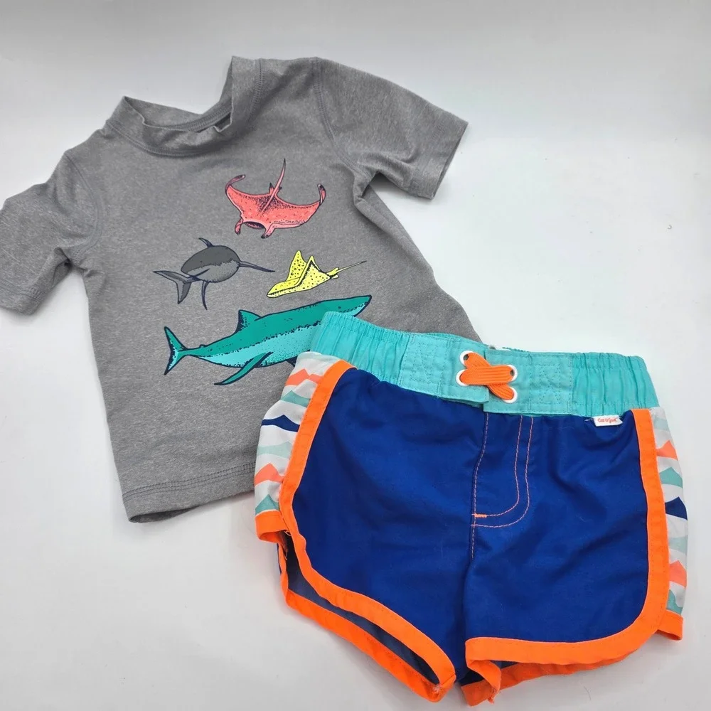 Cat & Jack Baby Boys Shark Stingray Rash Guard and Swim Trunks‎ Set 9M Gray Blue